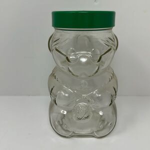 Vtg 6" Kraft Mother Grandma Knitting Bear Peanut Butter Jar Glass Green Lid